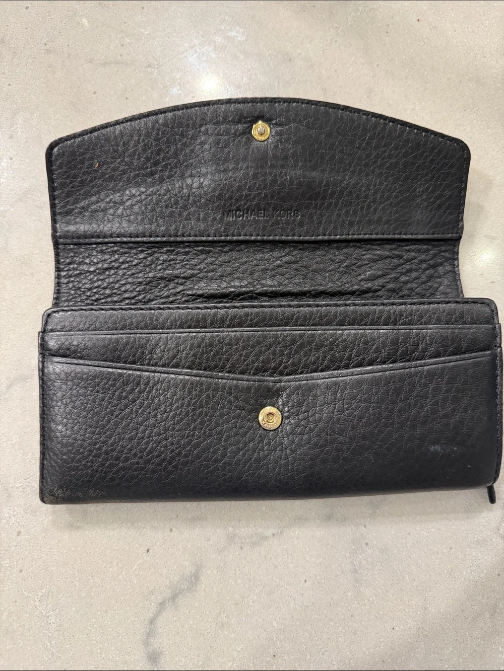 Michael Kors Black Leather Continental Wallet with Gold Plaque Accent